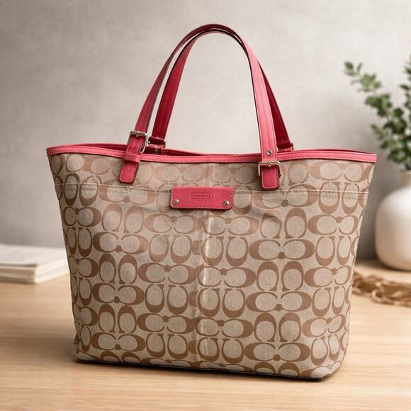 Coach Hamptons Signature Tote Bag Brown & Tan Monogram With Orange